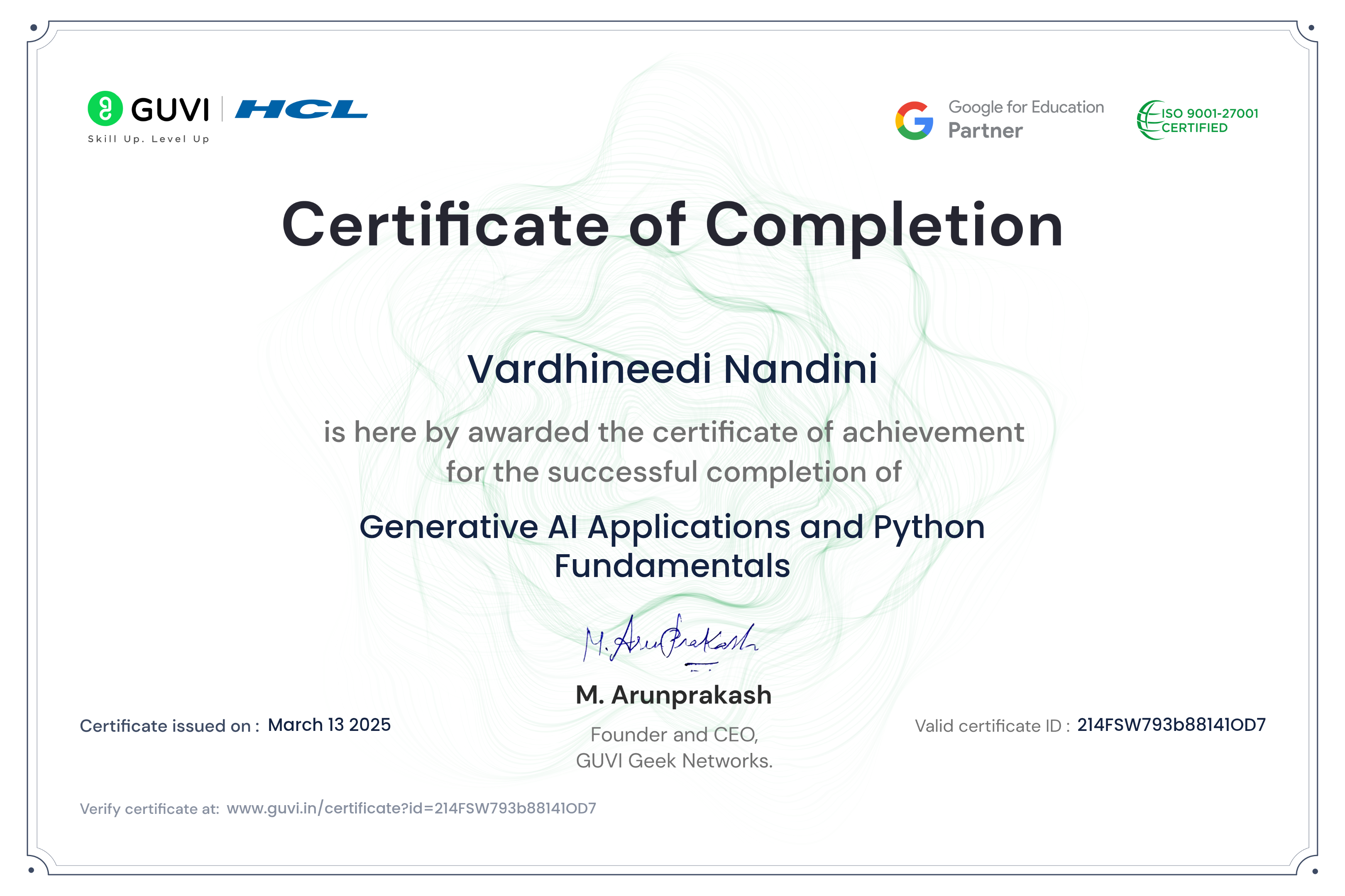 Generative AI & Python Certificate from GUVI